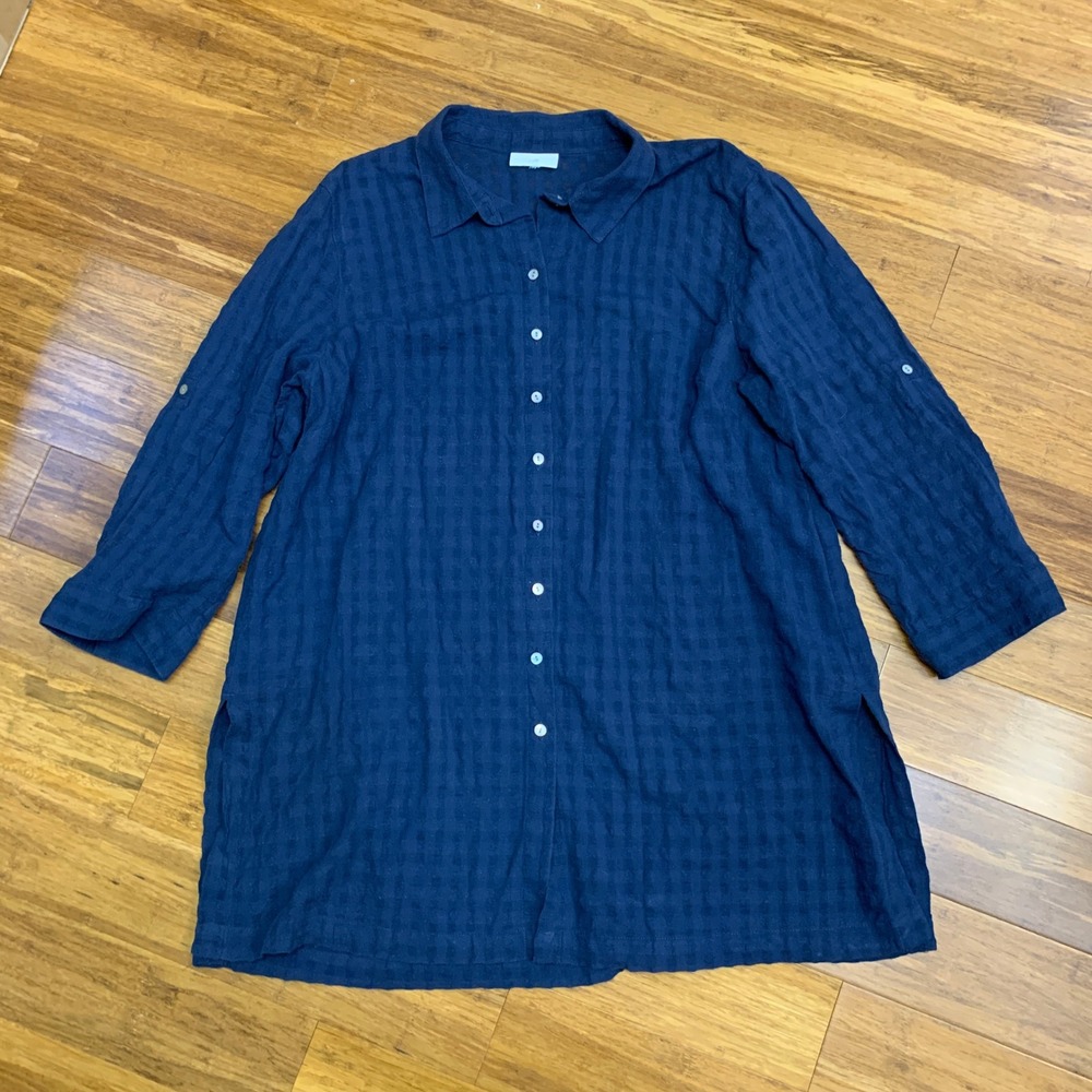 J. Jill Button Down Tunic Top Navy Blue 3/4 Sleeve Collared Relaxed Fit Large‎